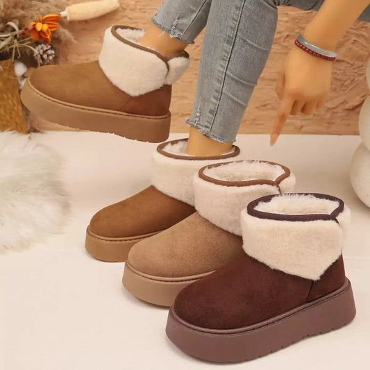 Round Toe Suede Platform Boots With Fluff Cuff - Bitsy Gypsy Boutique