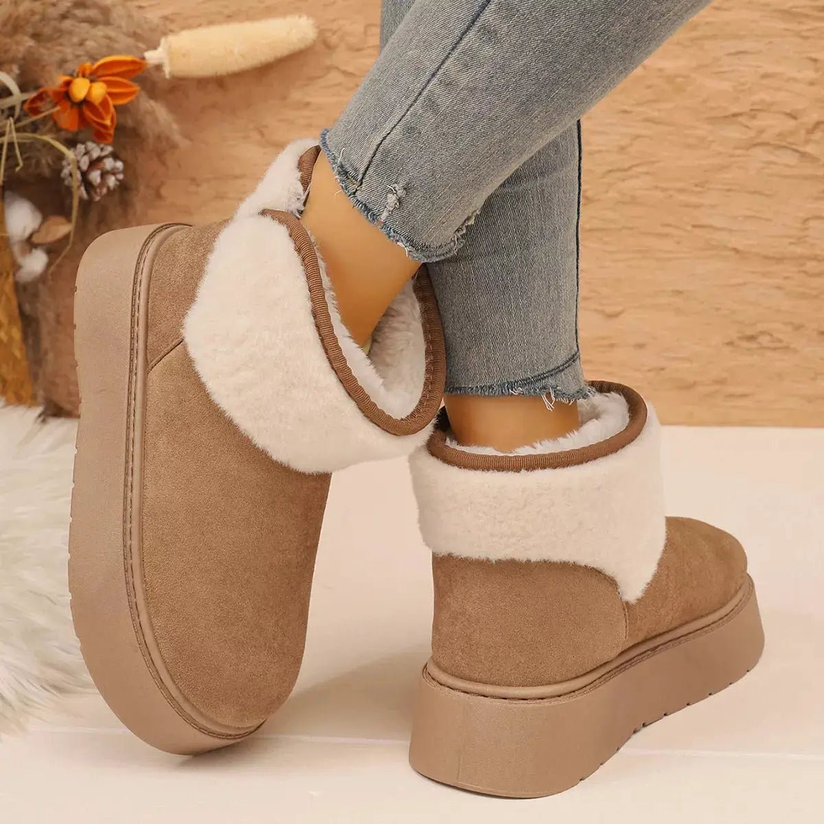 Round Toe Suede Platform Boots With Fluff Cuff - Bitsy Gypsy Boutique