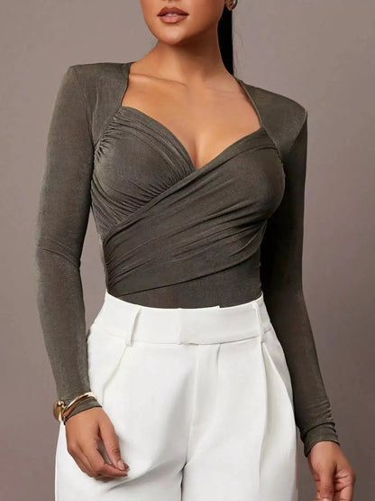 Ruched Surplice Long Sleeve Bodysuit - Bitsy Gypsy Boutique