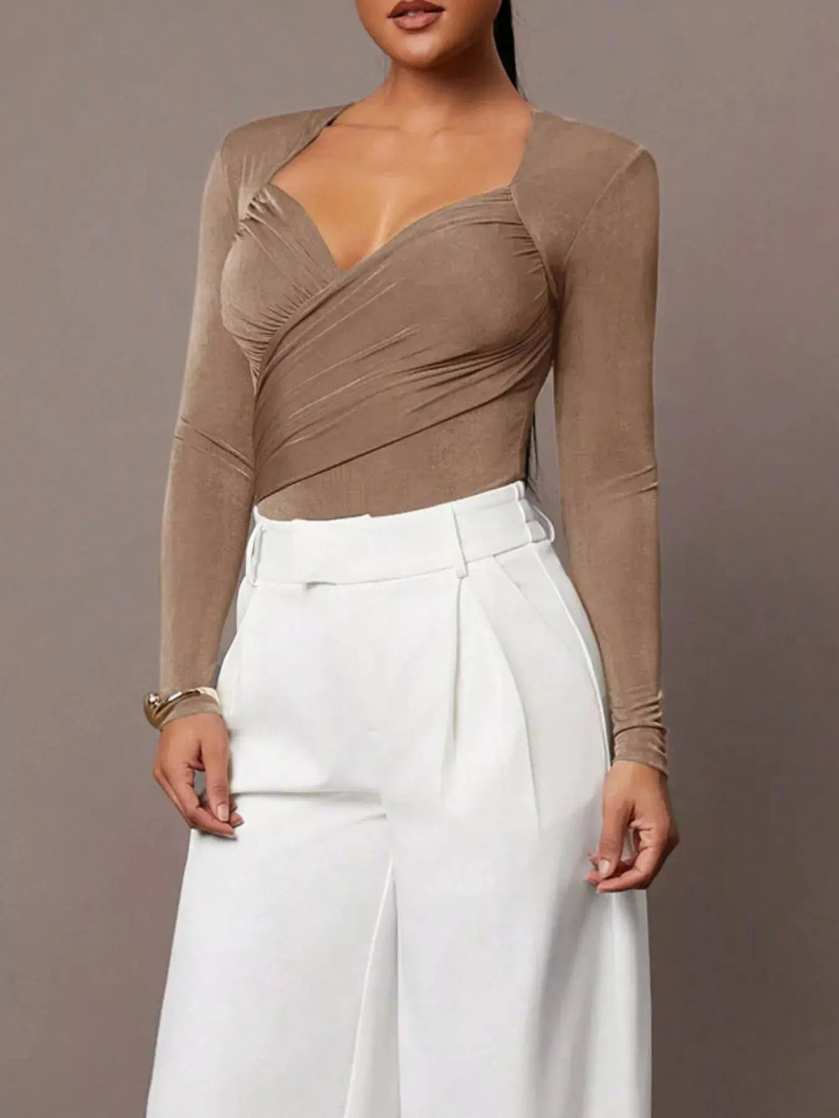 Ruched Surplice Long Sleeve Bodysuit - Bitsy Gypsy Boutique