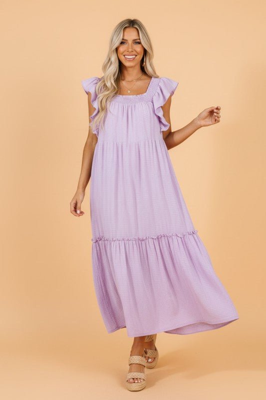 Ruffle Flutter Sleeve Square Neck Maxi Dress - Bitsy Gypsy Boutique