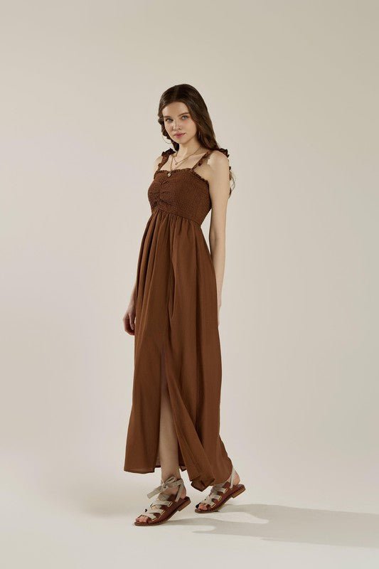 Ruffle straps Smocked top High Slit Dress - Bitsy Gypsy Boutique