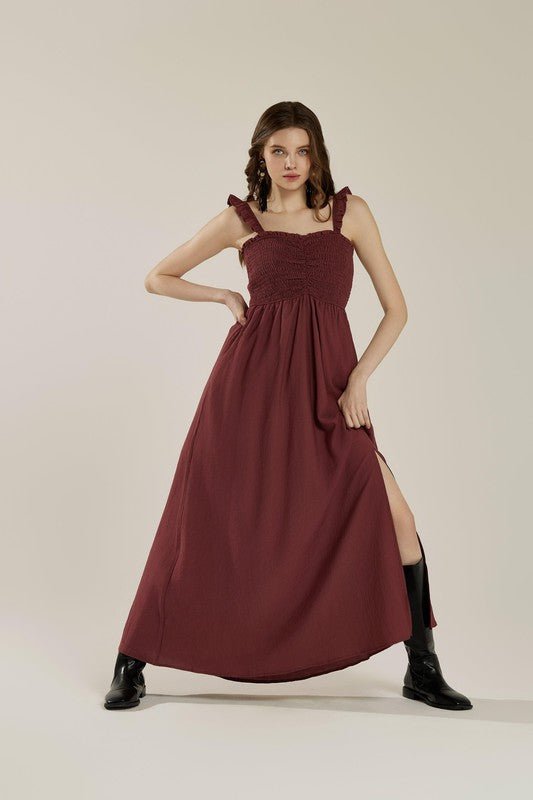 Ruffle straps Smocked top High Slit Dress - Bitsy Gypsy Boutique