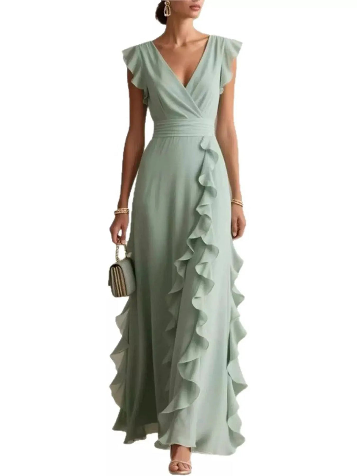 Ruffled Asymmetrical Surplice High Waist Maxi Dress - Bitsy Gypsy Boutique