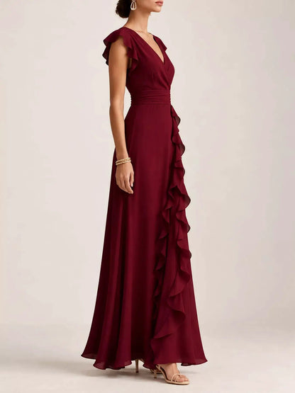 Ruffled Asymmetrical Surplice High Waist Maxi Dress - Bitsy Gypsy Boutique