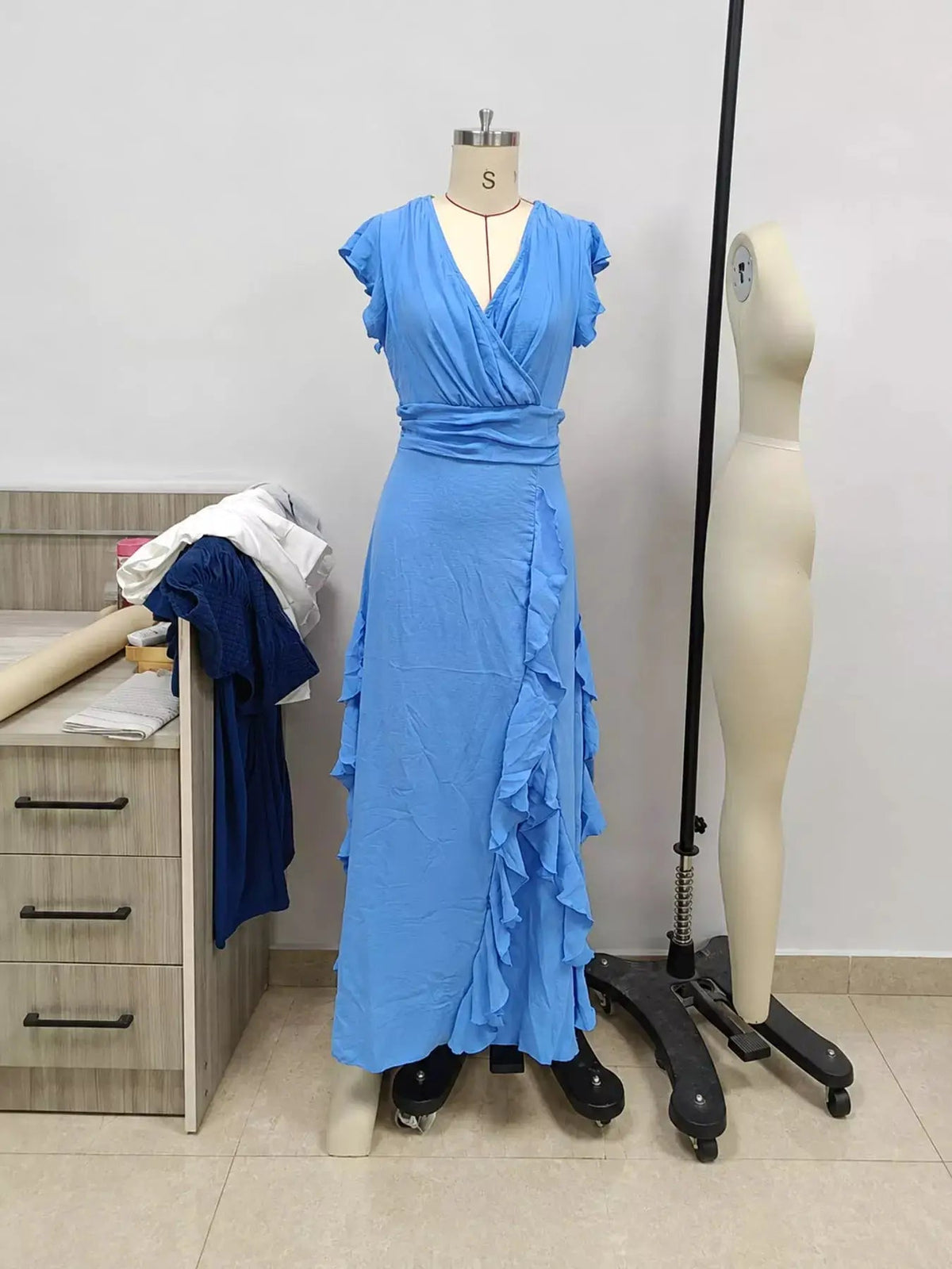Ruffled Asymmetrical Surplice High Waist Maxi Dress - Bitsy Gypsy Boutique