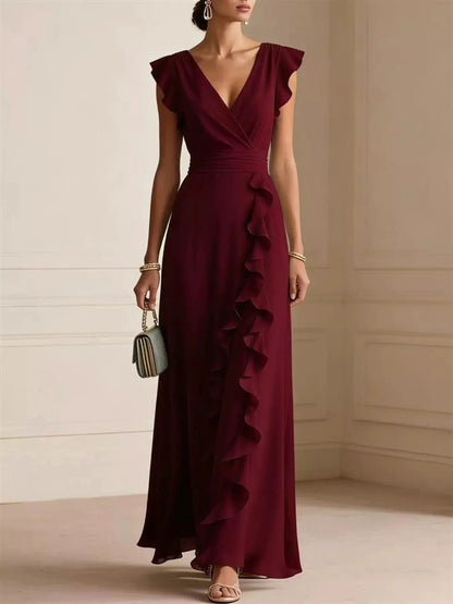 Ruffled Asymmetrical Surplice High Waist Maxi Dress - Bitsy Gypsy Boutique