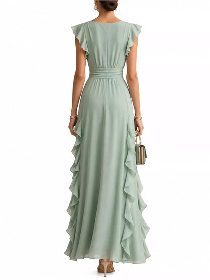 Ruffled Asymmetrical Surplice High Waist Maxi Dress - Bitsy Gypsy Boutique