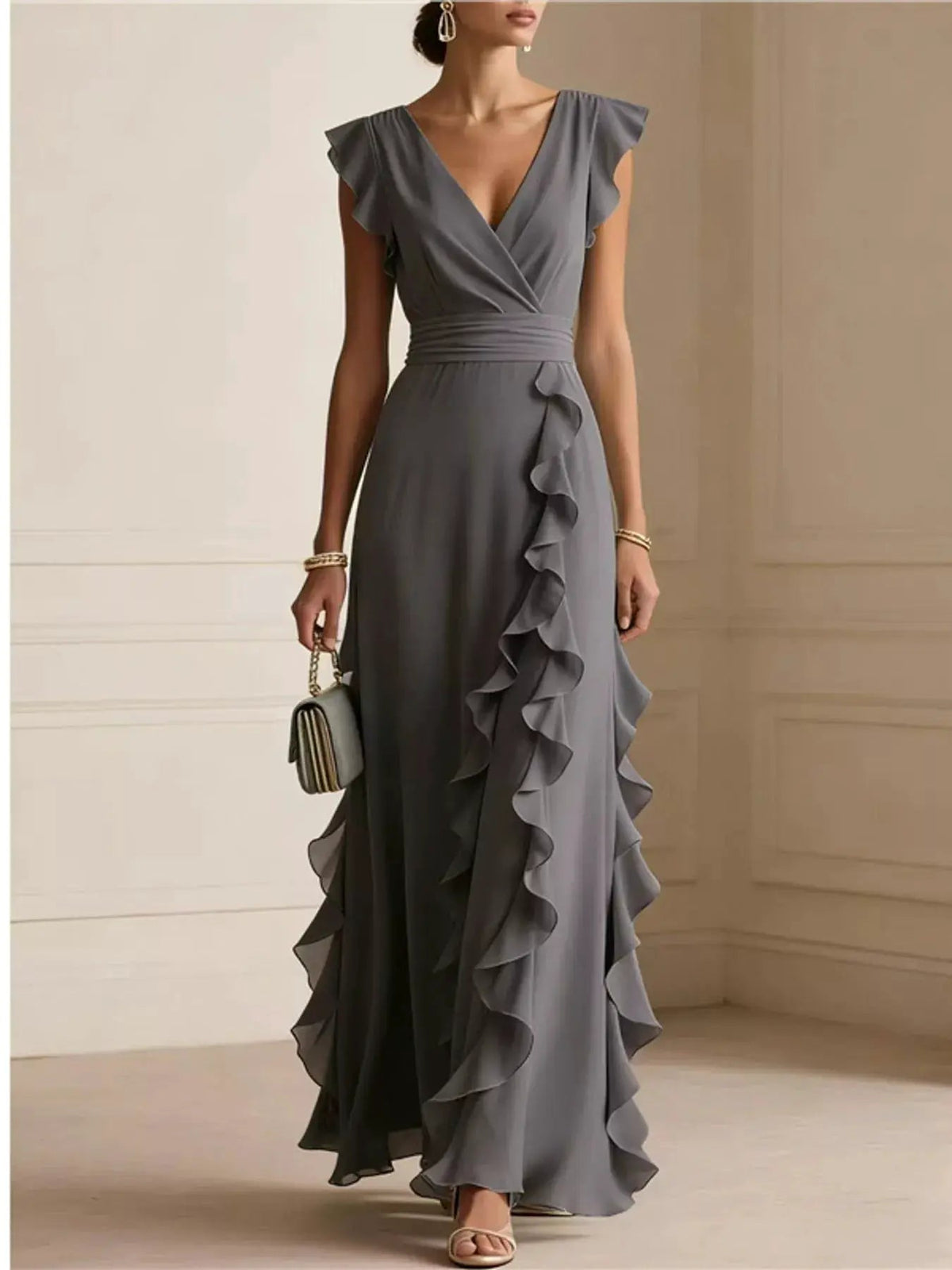 Ruffled Asymmetrical Surplice High Waist Maxi Dress - Bitsy Gypsy Boutique