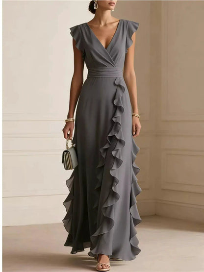 Ruffled Asymmetrical Surplice High Waist Maxi Dress - Bitsy Gypsy Boutique