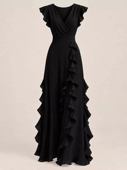 Ruffled Asymmetrical Surplice High Waist Maxi Dress - Bitsy Gypsy Boutique