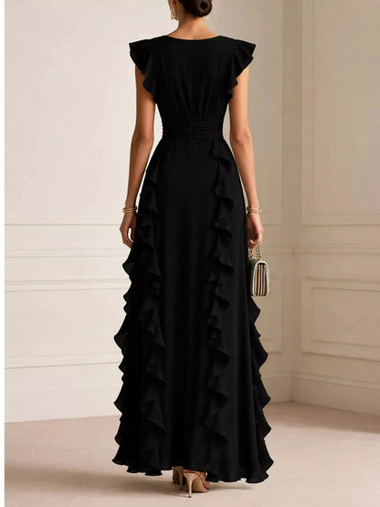 Ruffled Asymmetrical Surplice High Waist Maxi Dress - Bitsy Gypsy Boutique