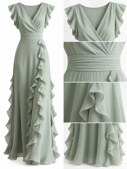 Ruffled Asymmetrical Surplice High Waist Maxi Dress - Bitsy Gypsy Boutique