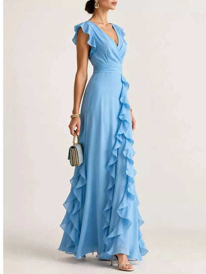 Ruffled Asymmetrical Surplice High Waist Maxi Dress - Bitsy Gypsy Boutique