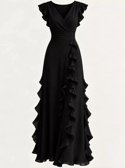 Ruffled Asymmetrical Surplice High Waist Maxi Dress - Bitsy Gypsy Boutique