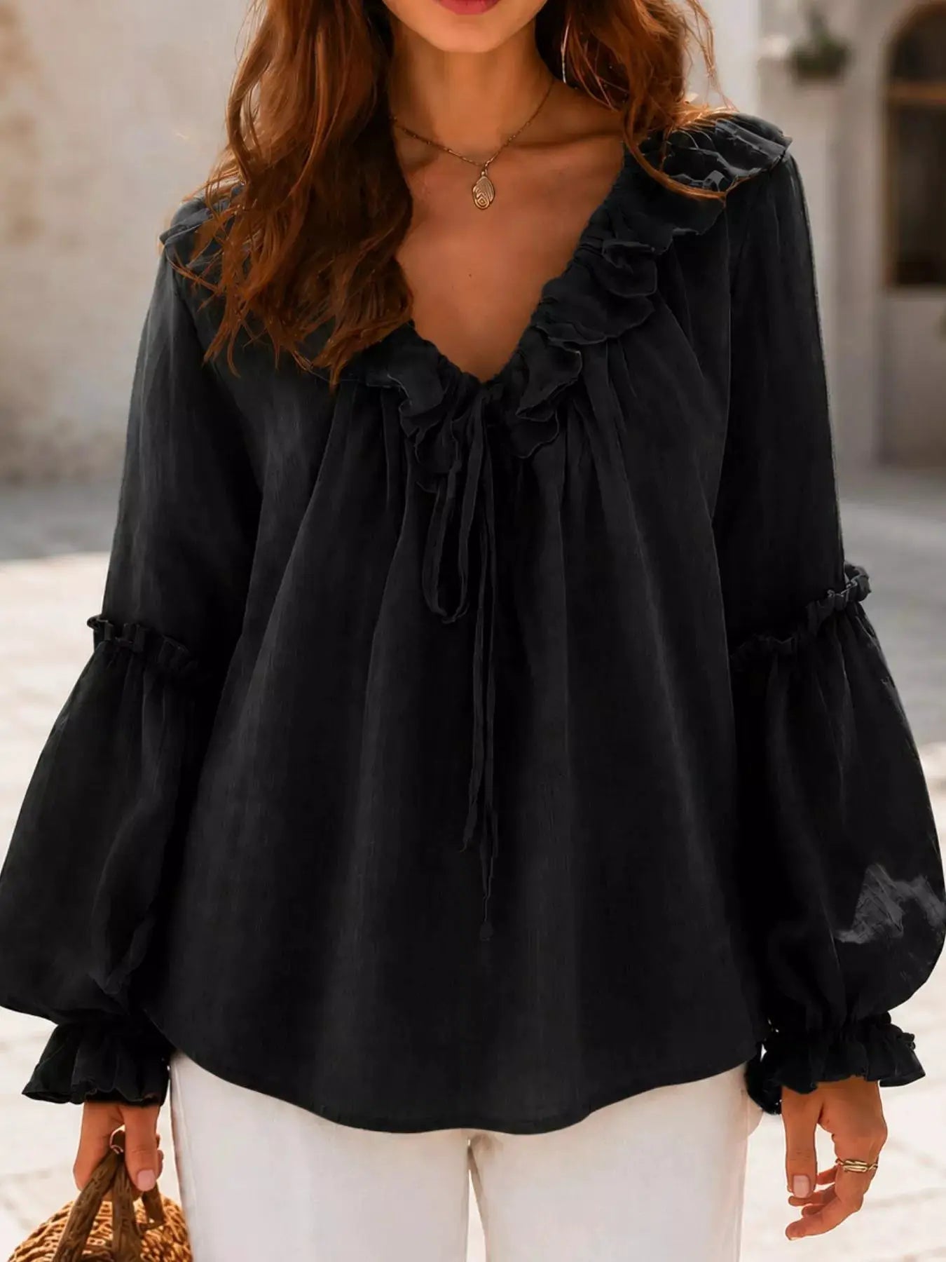 Ruffled Tie Front Flounce Sleeve Blouse by Trendsi