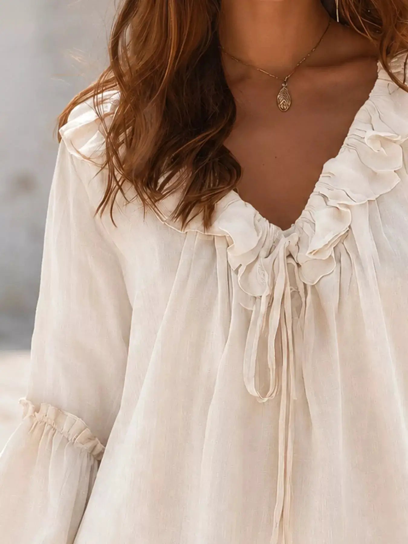 Ruffled Tie Front Flounce Sleeve Blouse by Trendsi