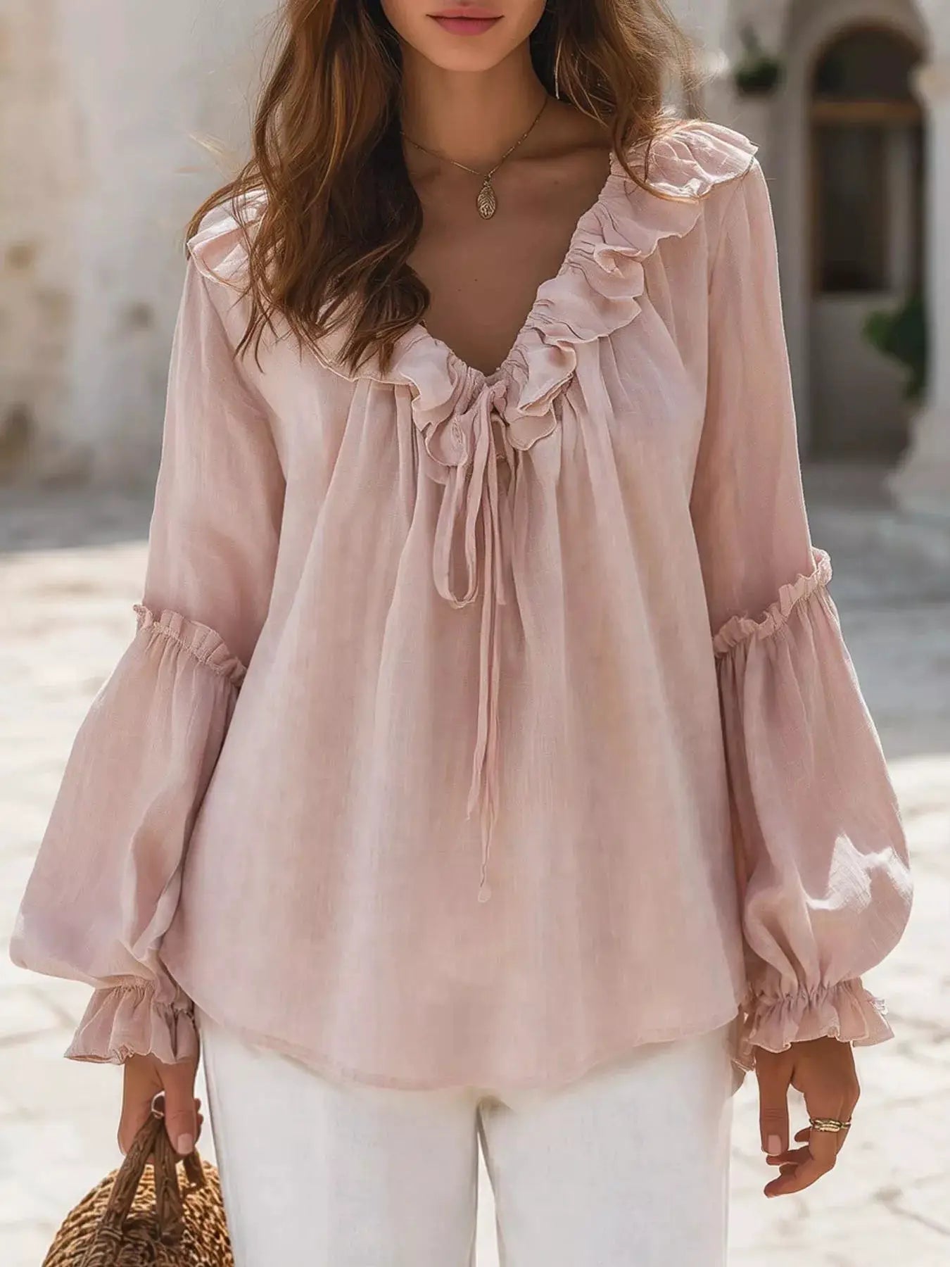 Ruffled Tie Front Flounce Sleeve Blouse by Trendsi