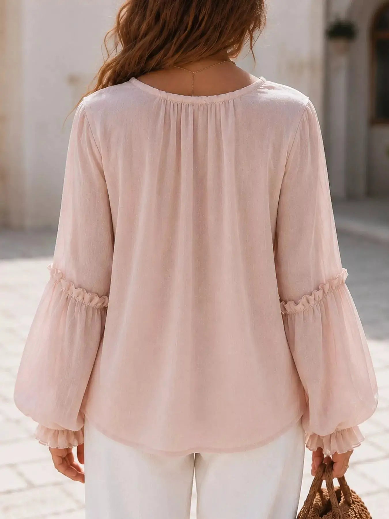 Ruffled Tie Front Flounce Sleeve Blouse by Trendsi
