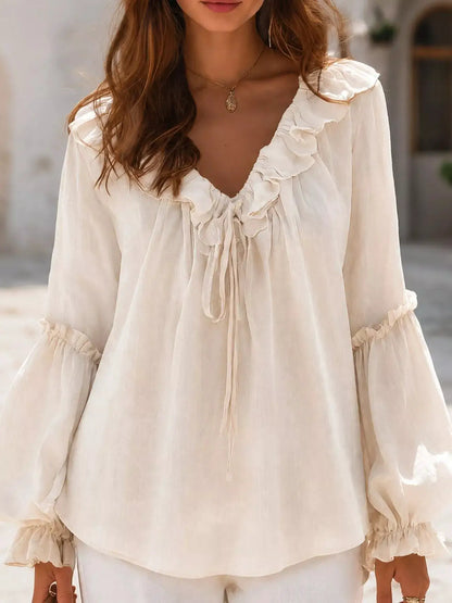Ruffled Tie Front Flounce Sleeve Blouse by Trendsi