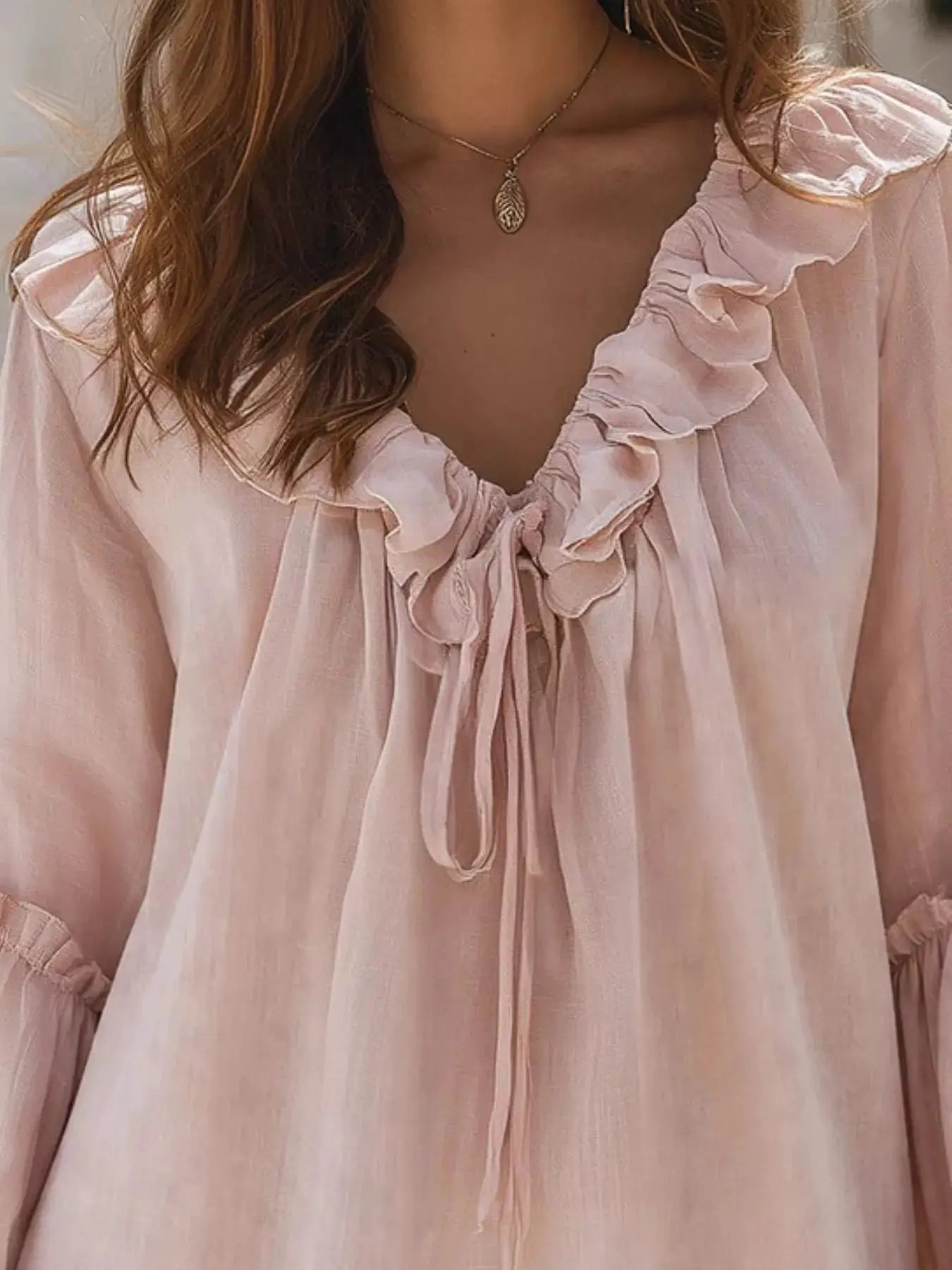 Ruffled Tie Front Flounce Sleeve Blouse by Trendsi