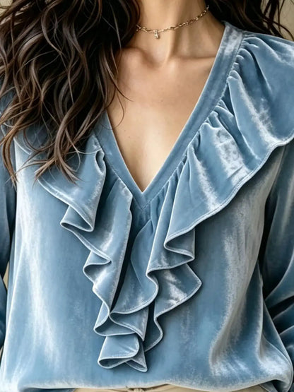 Ruffled V-Neck Long Sleeve Blouse by Trendsi