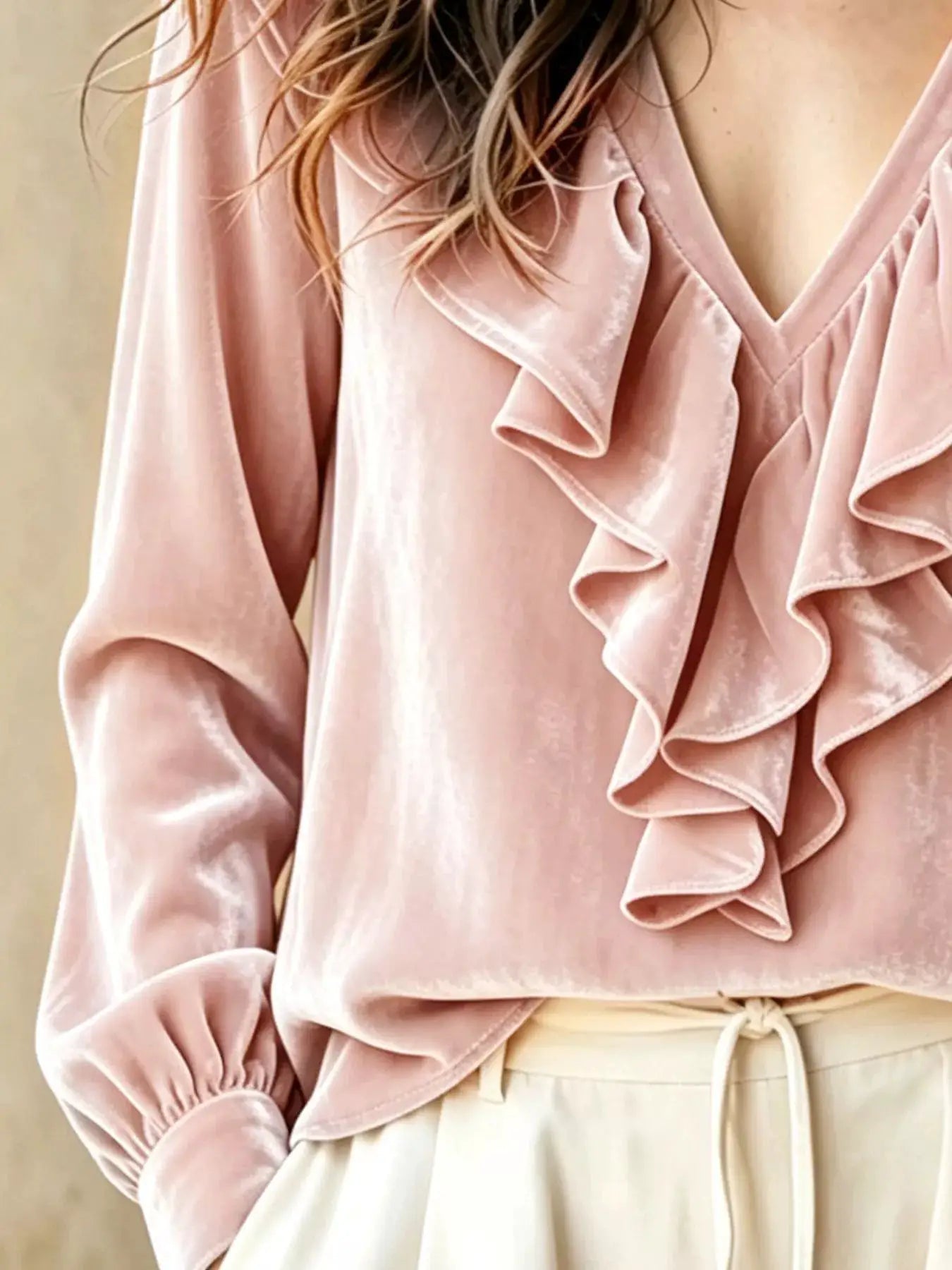 Ruffled V-Neck Long Sleeve Blouse by Trendsi