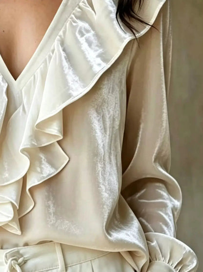 Ruffled V-Neck Long Sleeve Blouse by Trendsi