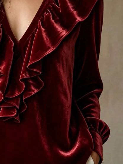 Ruffled V-Neck Long Sleeve Blouse by Trendsi