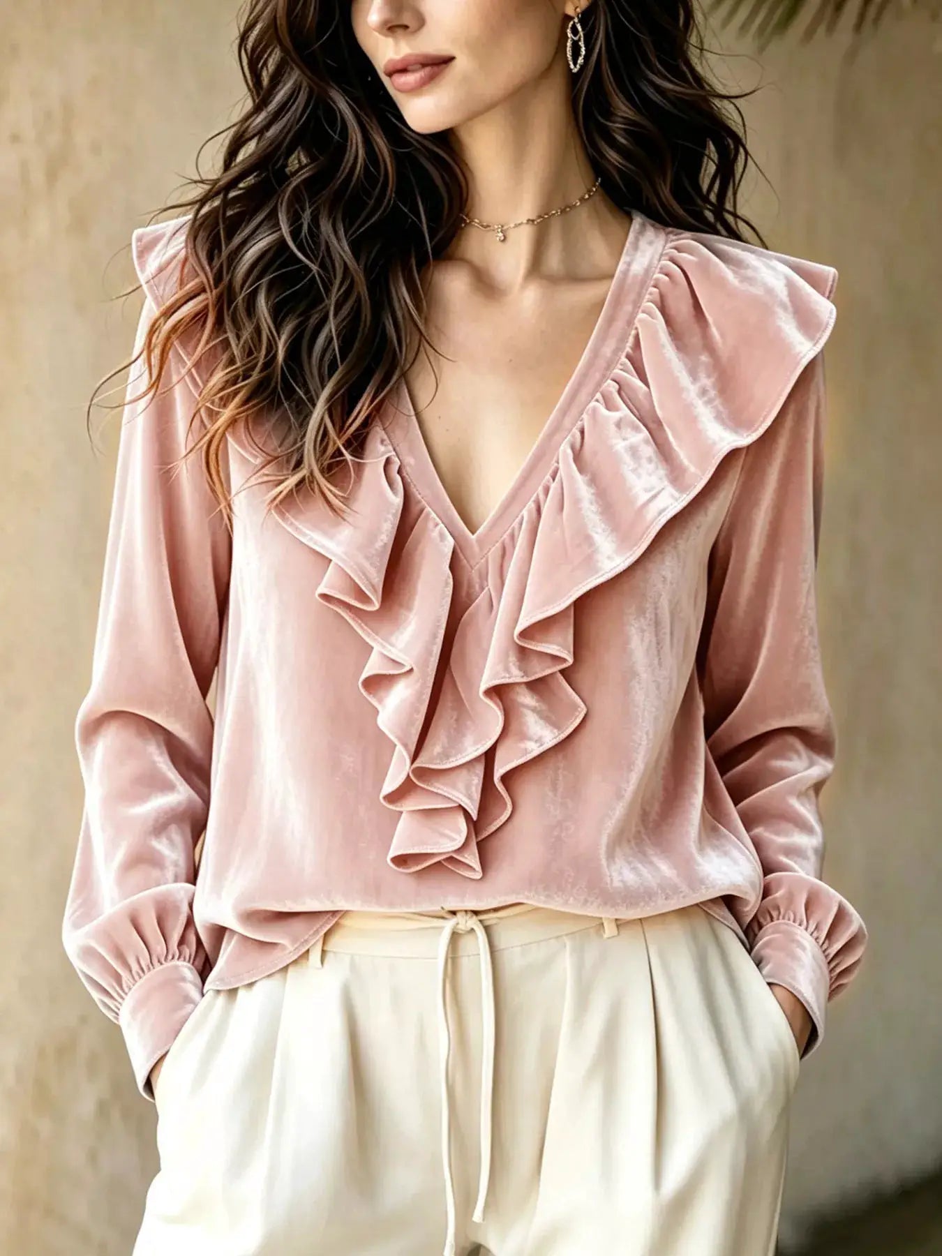 Ruffled V-Neck Long Sleeve Blouse by Trendsi