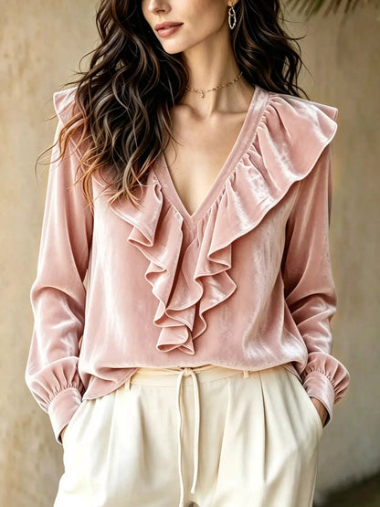 Ruffled V-Neck Long Sleeve Blouse by Trendsi