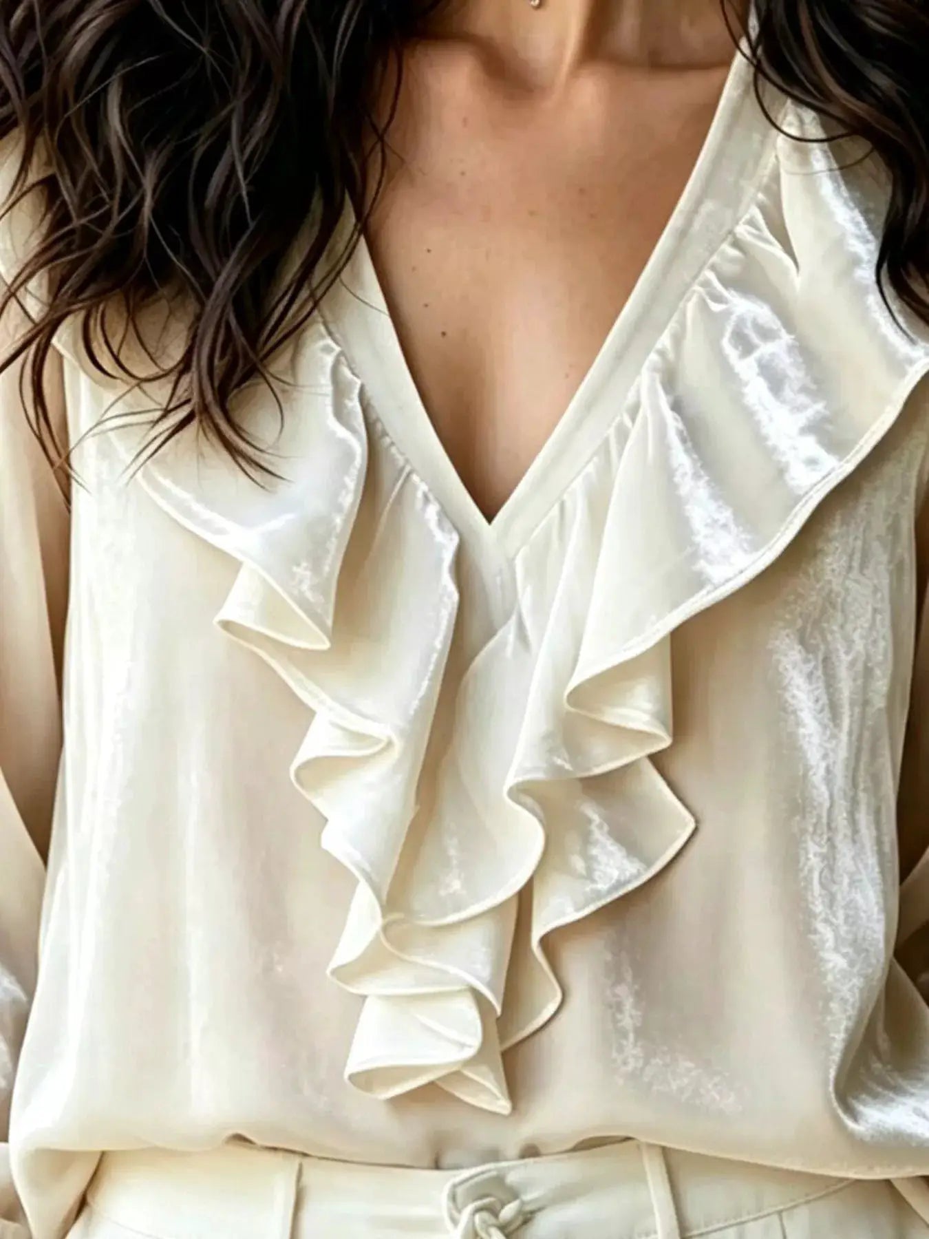 Ruffled V-Neck Long Sleeve Blouse by Trendsi