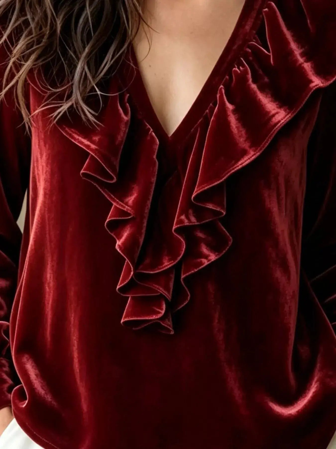 Ruffled V-Neck Long Sleeve Blouse by Trendsi