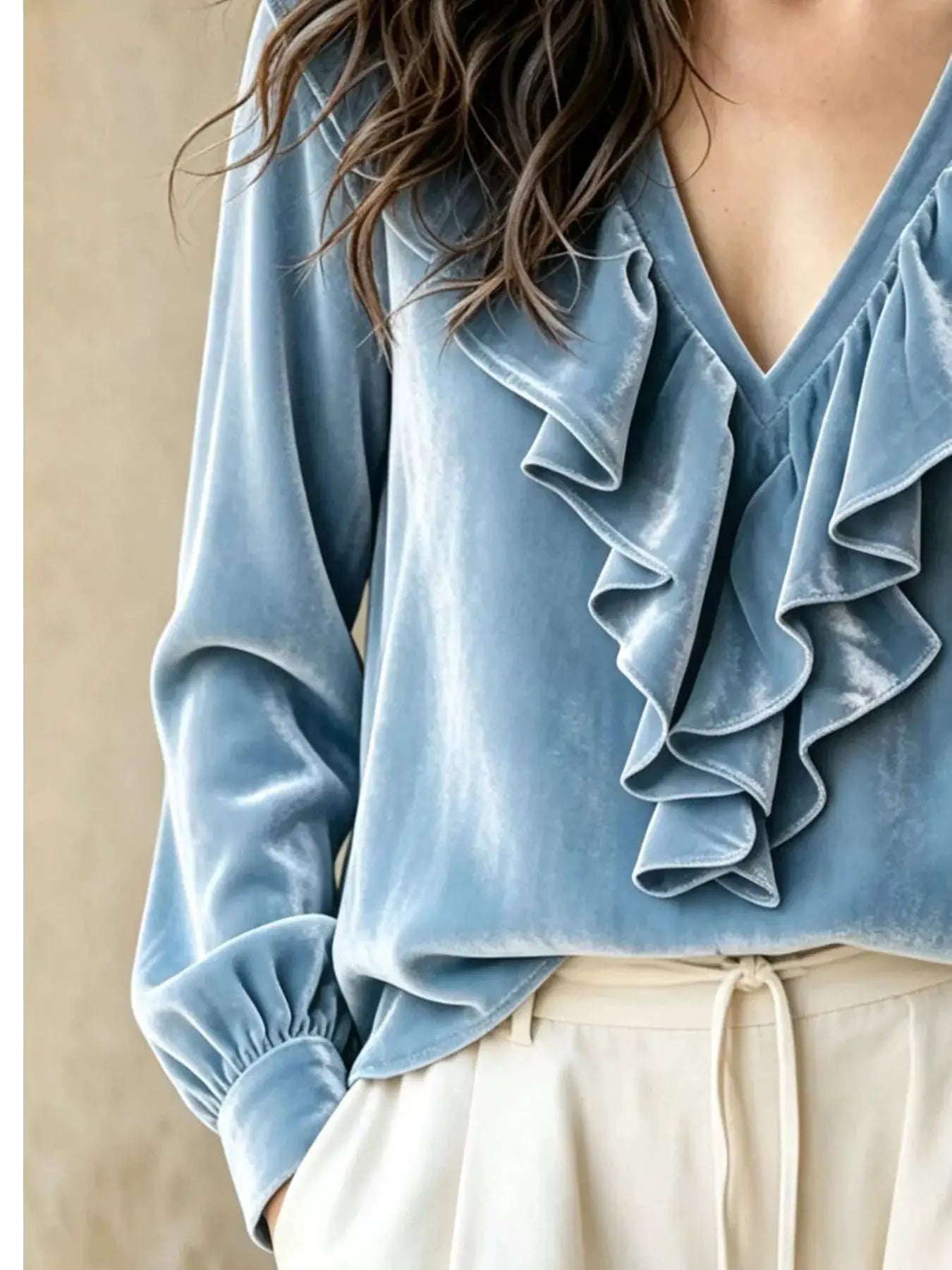 Ruffled V-Neck Long Sleeve Blouse by Trendsi