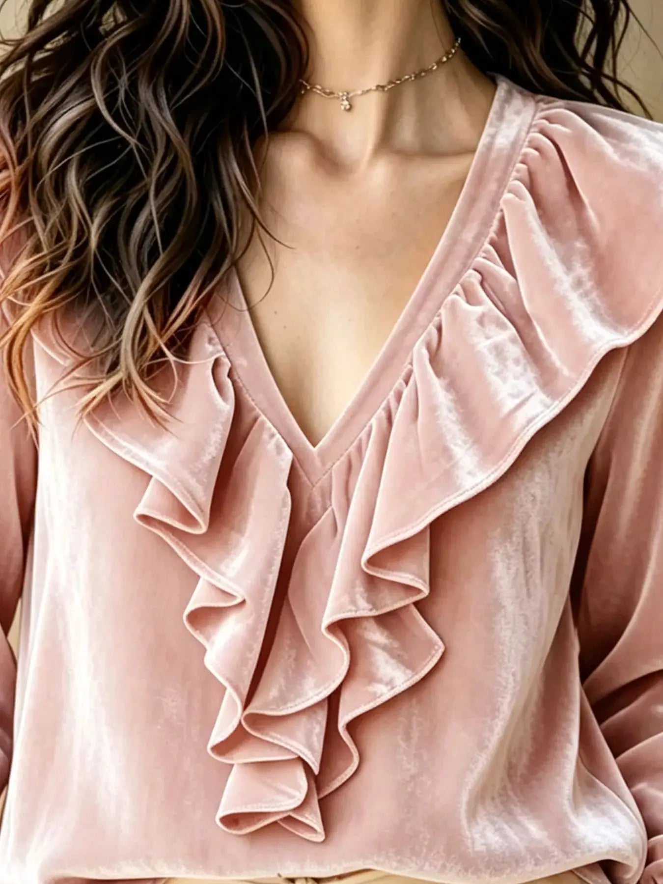 Ruffled V-Neck Long Sleeve Blouse by Trendsi