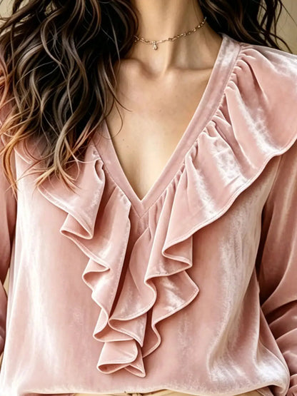 Ruffled V-Neck Long Sleeve Blouse by Trendsi