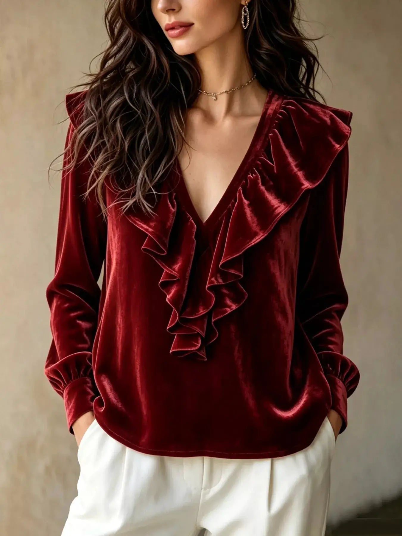 Ruffled V-Neck Long Sleeve Blouse by Trendsi