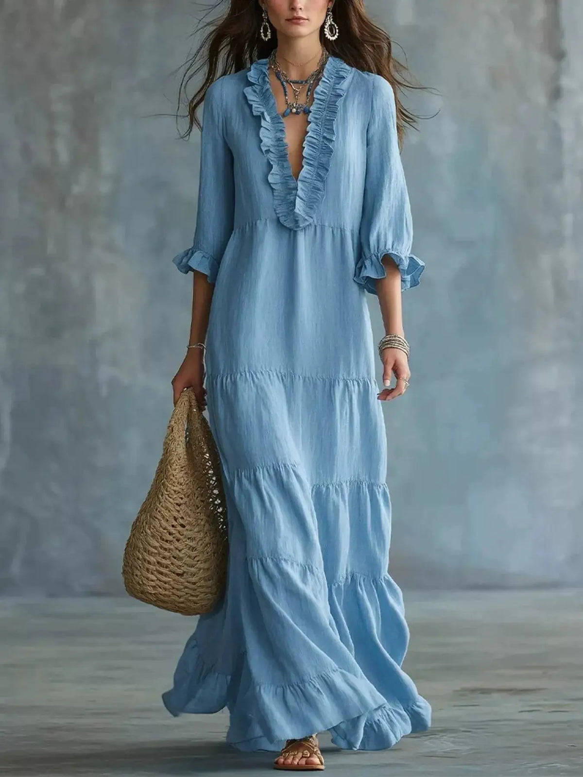 Ruffled V-Neck Tiered Maxi Dress - Bitsy Gypsy Boutique