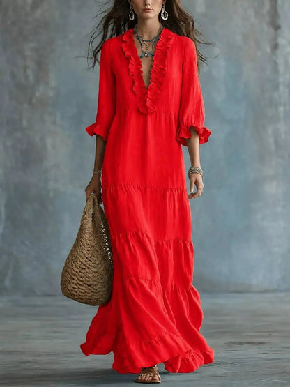 Ruffled V-Neck Tiered Maxi Dress - Bitsy Gypsy Boutique