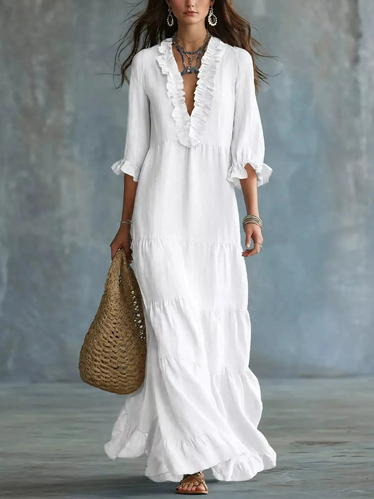 Ruffled V-Neck Tiered Maxi Dress - Bitsy Gypsy Boutique