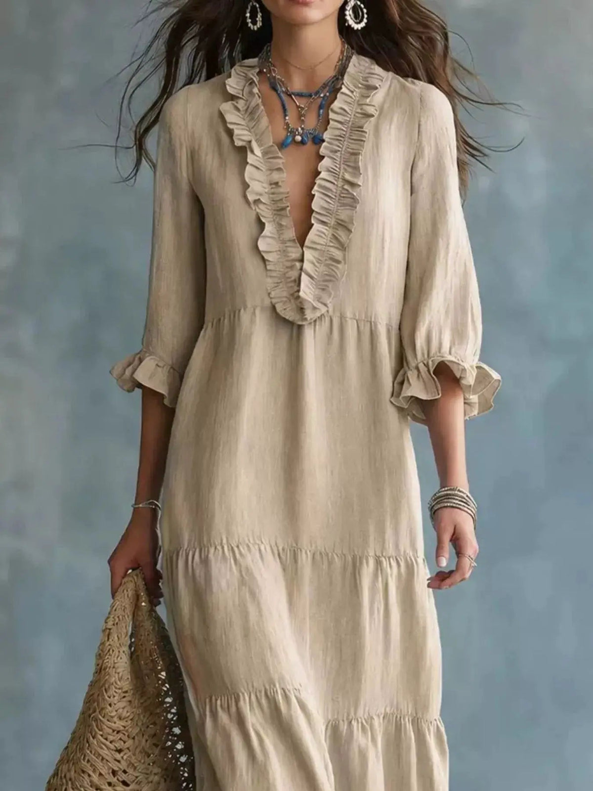 Ruffled V-Neck Tiered Maxi Dress - Bitsy Gypsy Boutique
