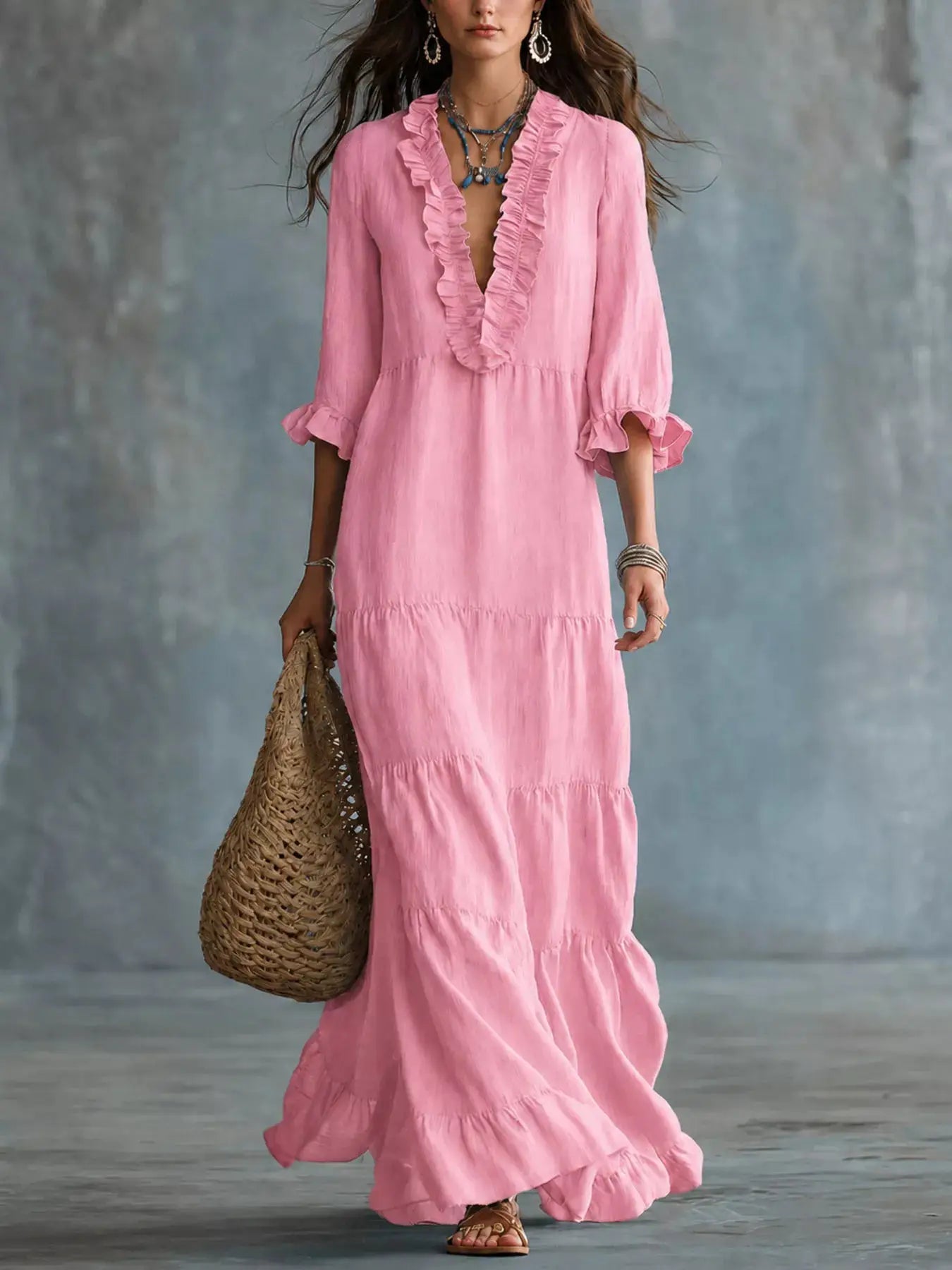 Ruffled V-Neck Tiered Maxi Dress - Bitsy Gypsy Boutique
