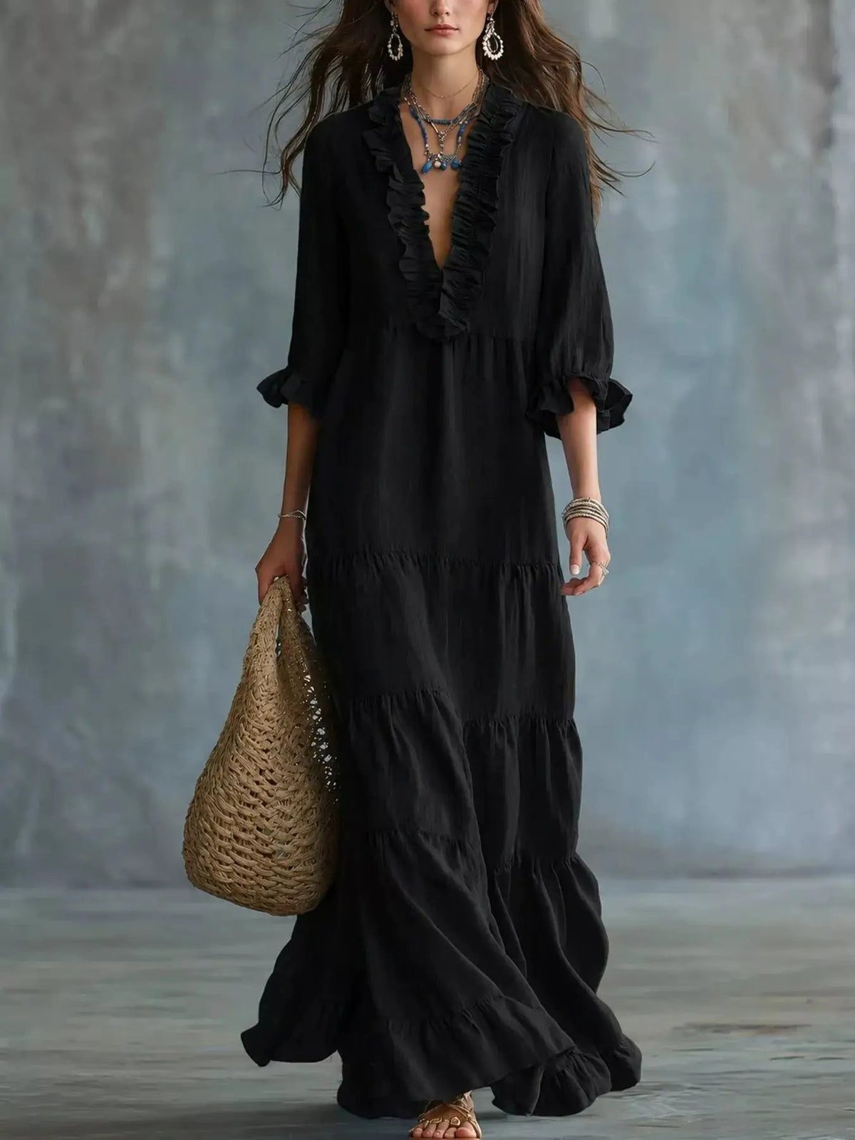 Ruffled V-Neck Tiered Maxi Dress - Bitsy Gypsy Boutique