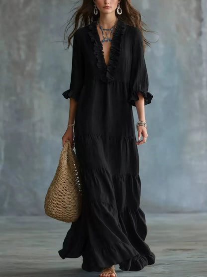 Ruffled V-Neck Tiered Maxi Dress - Bitsy Gypsy Boutique