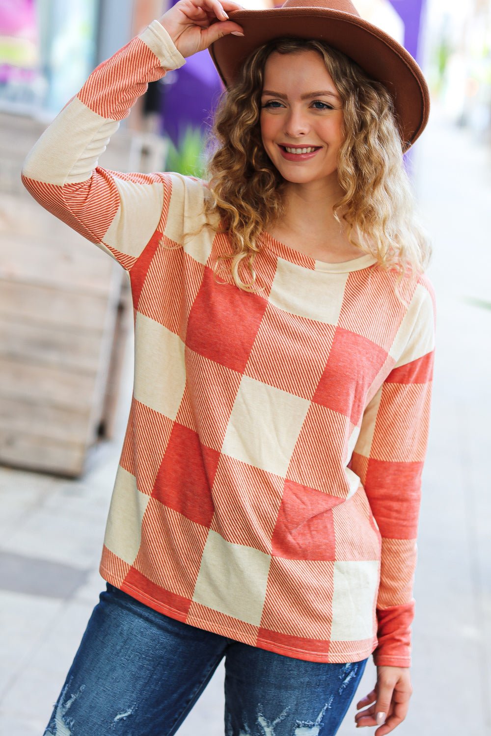 Rust Checker Plaid French Terry Top - Bitsy Gypsy Boutique