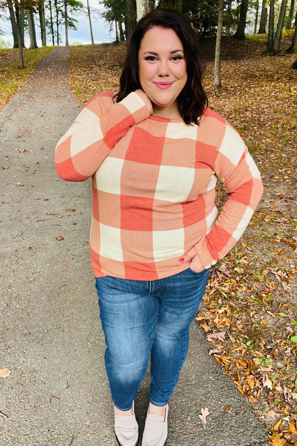 Rust Checker Plaid French Terry Top - Bitsy Gypsy Boutique