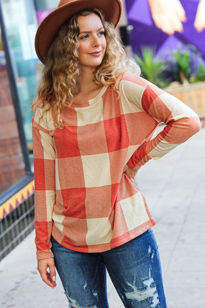 Rust Checker Plaid French Terry Top - Bitsy Gypsy Boutique