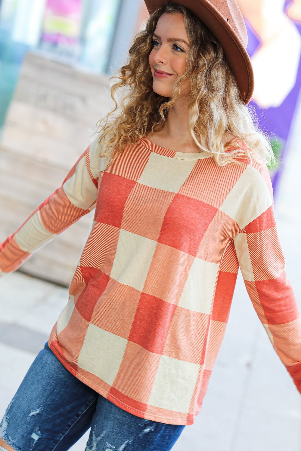 Rust Checker Plaid French Terry Top - Bitsy Gypsy Boutique