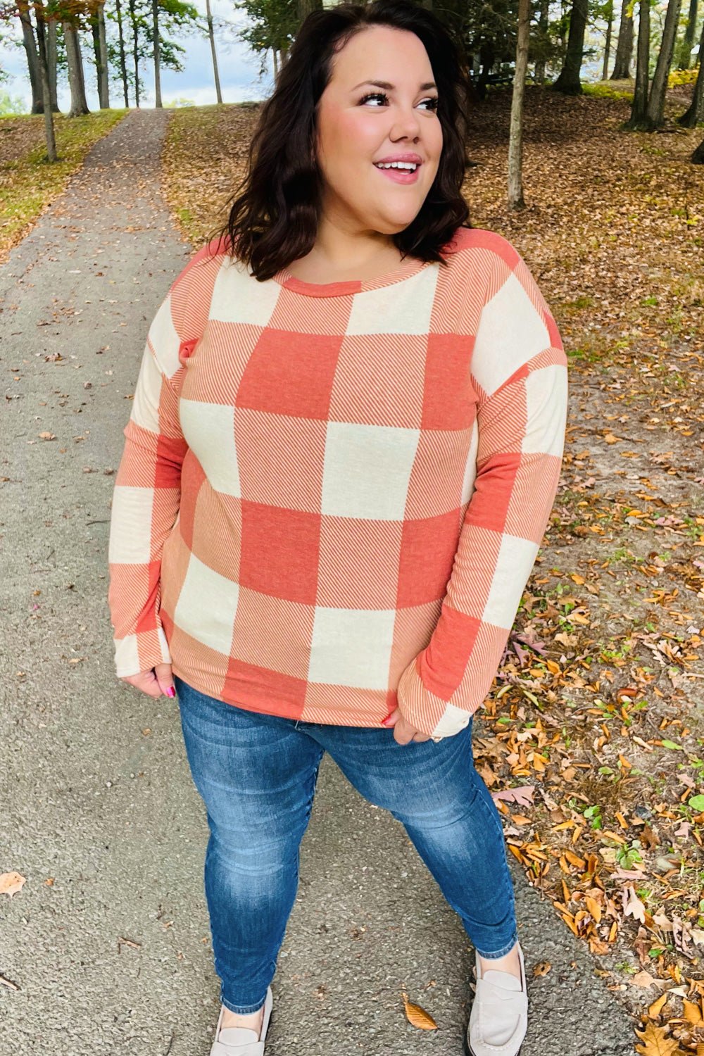Rust Checker Plaid French Terry Top - Bitsy Gypsy Boutique