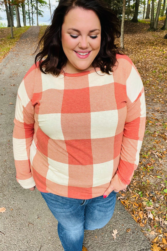 Rust Checker Plaid French Terry Top - Bitsy Gypsy Boutique